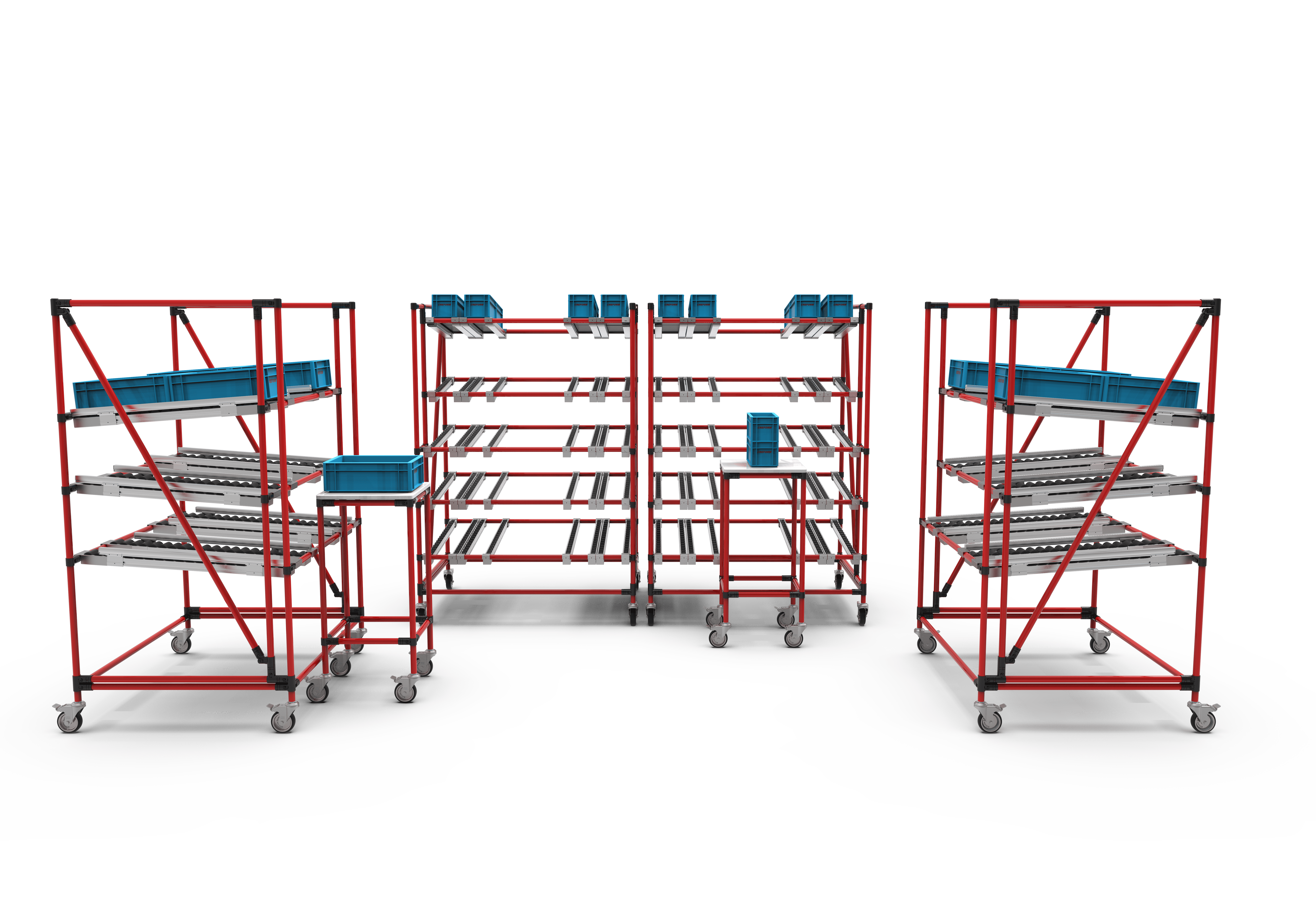U-förmiges Lagerregal aus rotem Metall auf Rollen mit blauen Aufbewahrungsboxen
