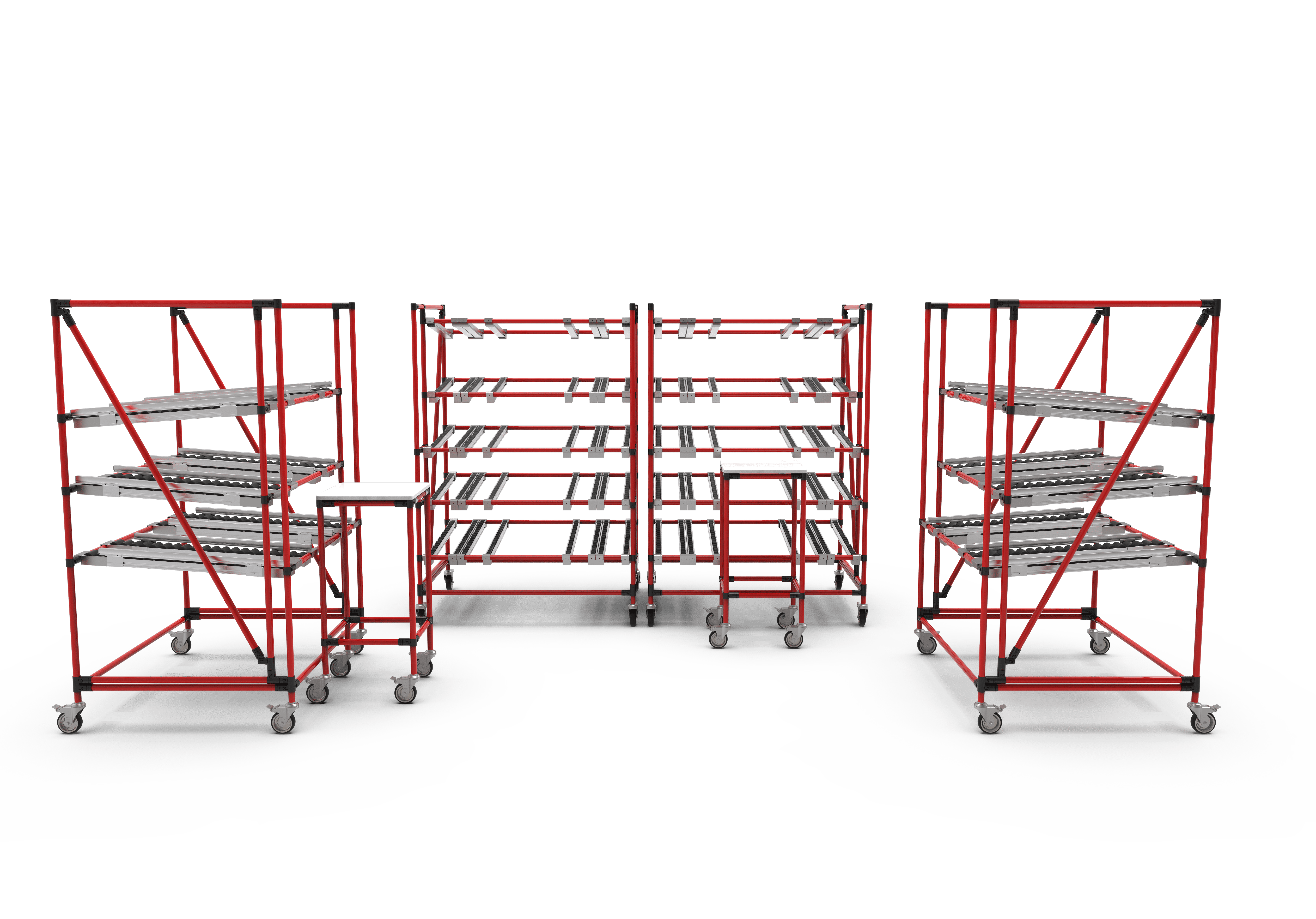 U-förmiges Lagerregal aus rotem Metall auf Rollen mit