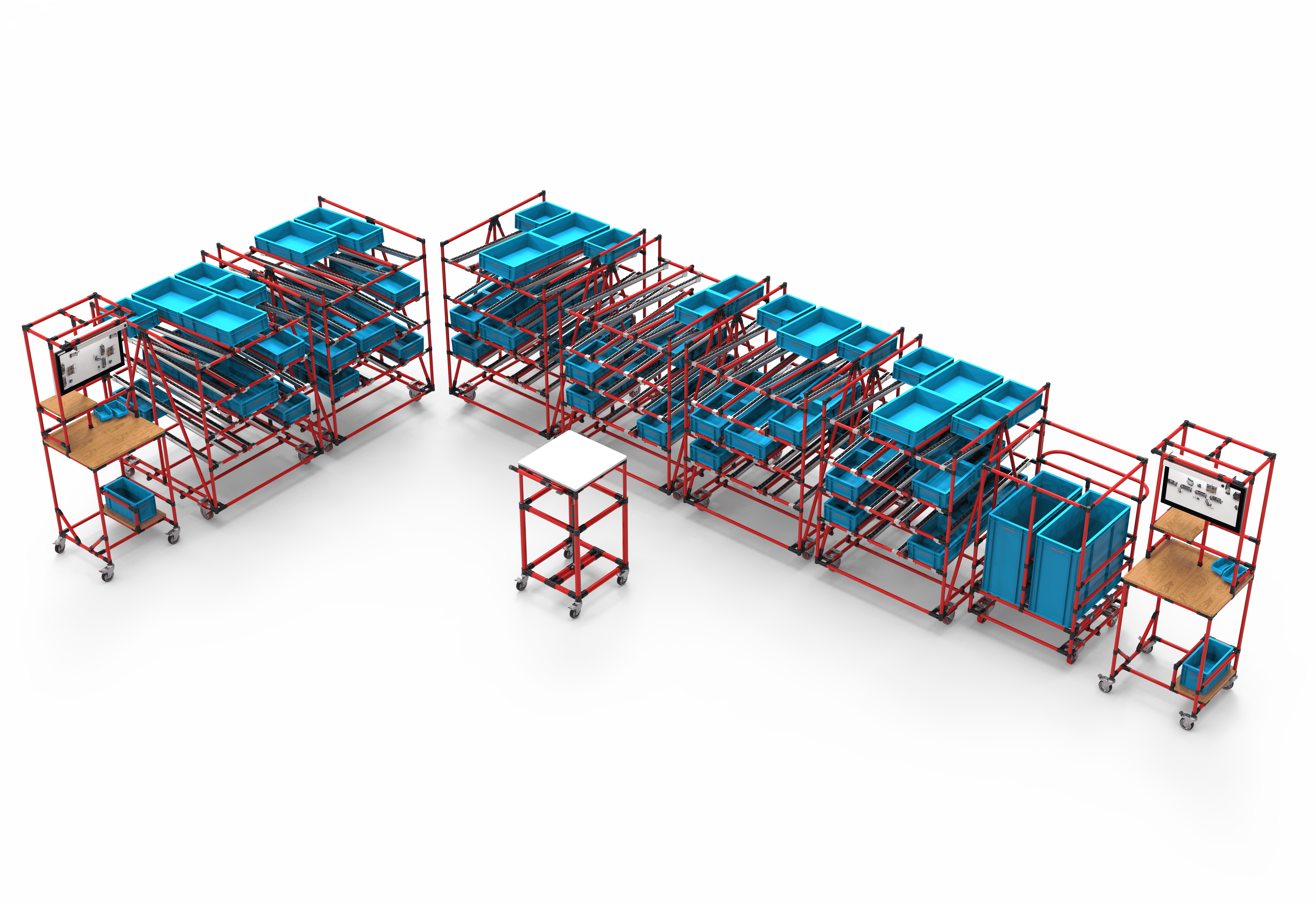 Vogelperspektive der roten Regalgestelle auf Rollen als L-Zellen mit blauen Aufbewahrungsboxen