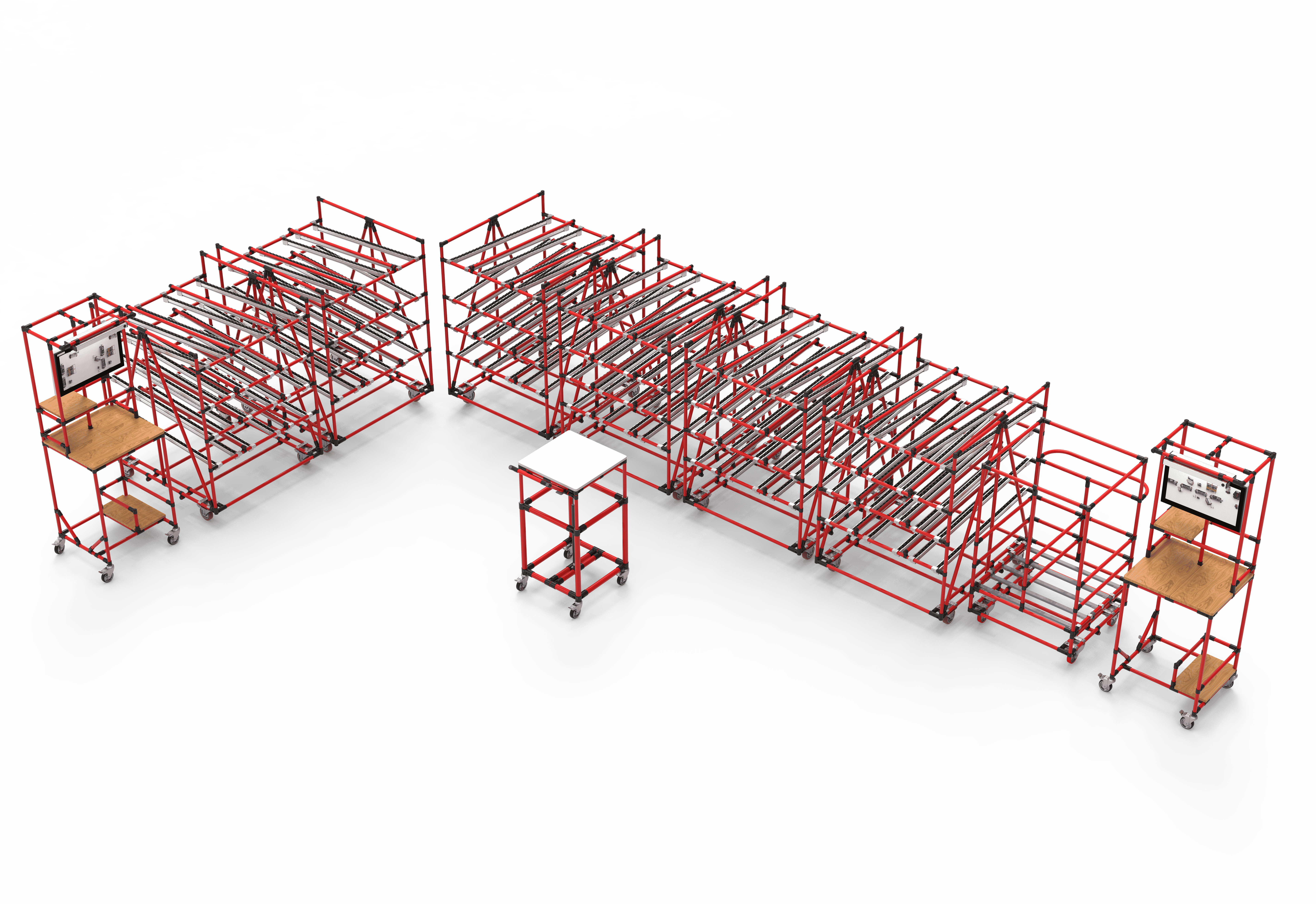 A large red rack with several shelves and a table.