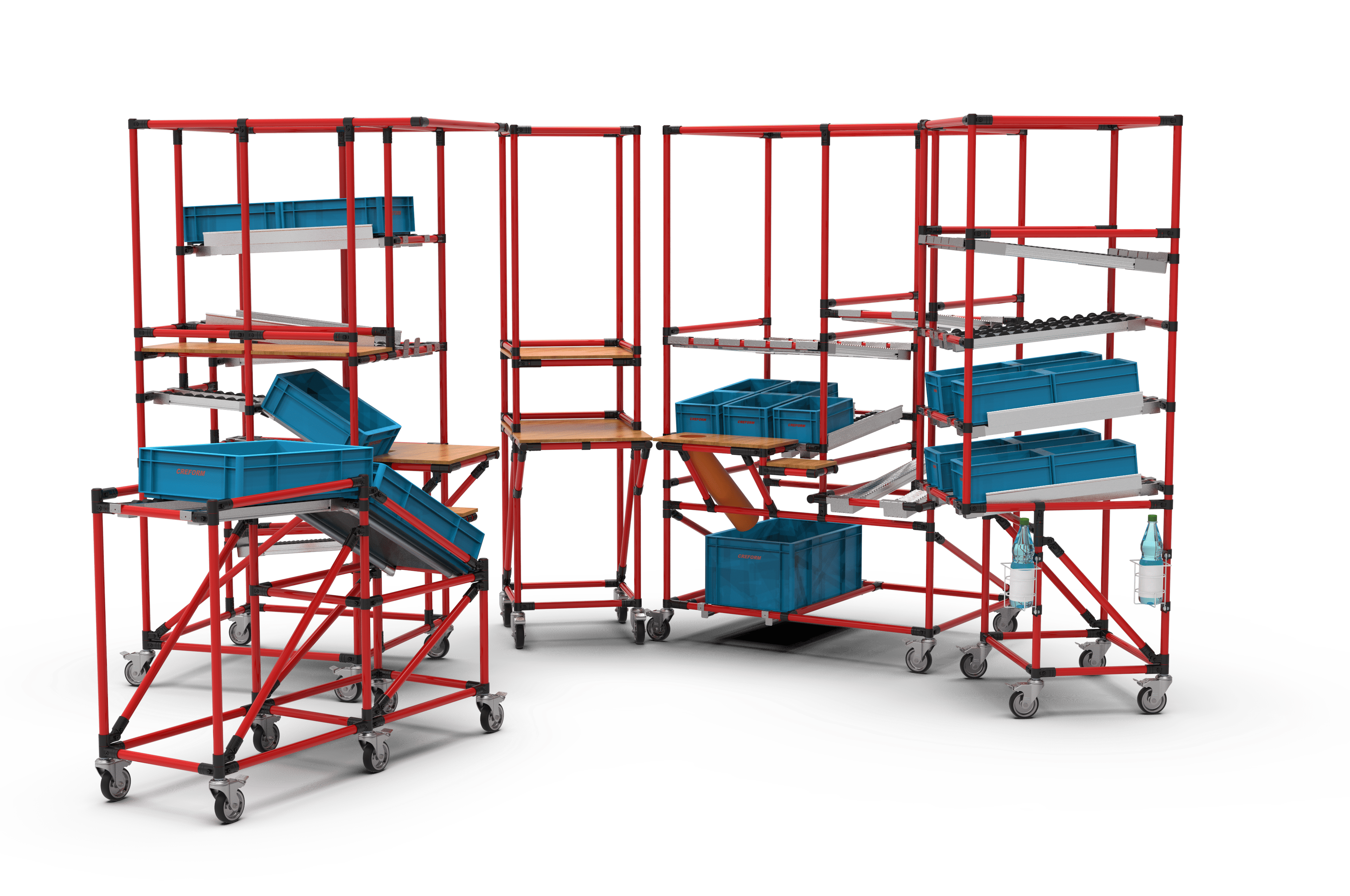Rotes Regalgestell auf Rollen als Montageinsel mit blauen Aufbewahrungsboxen