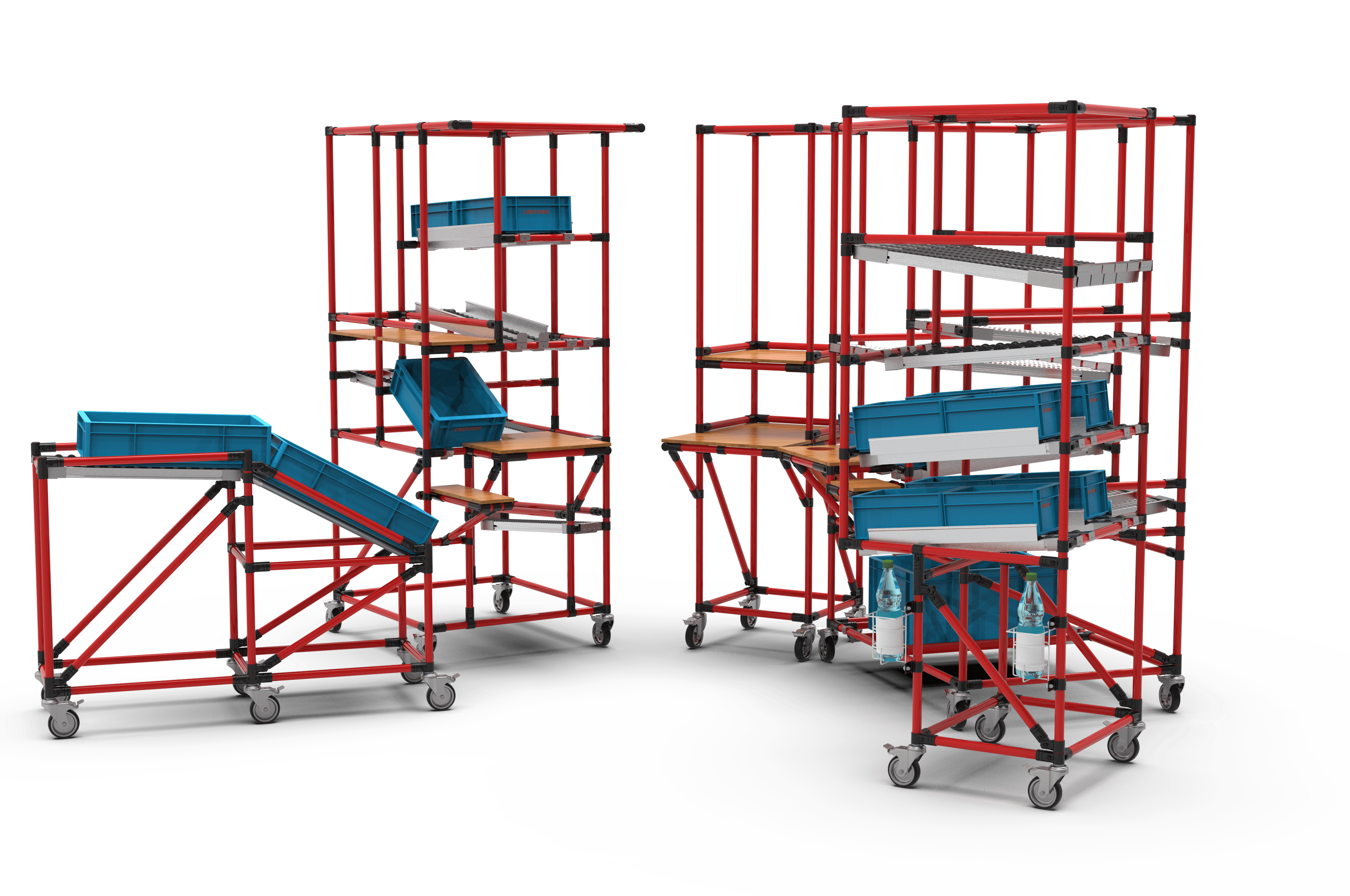 Rotes Regalgestell auf Rollen als Montageinsel mit blauen Aufbewahrungsboxen