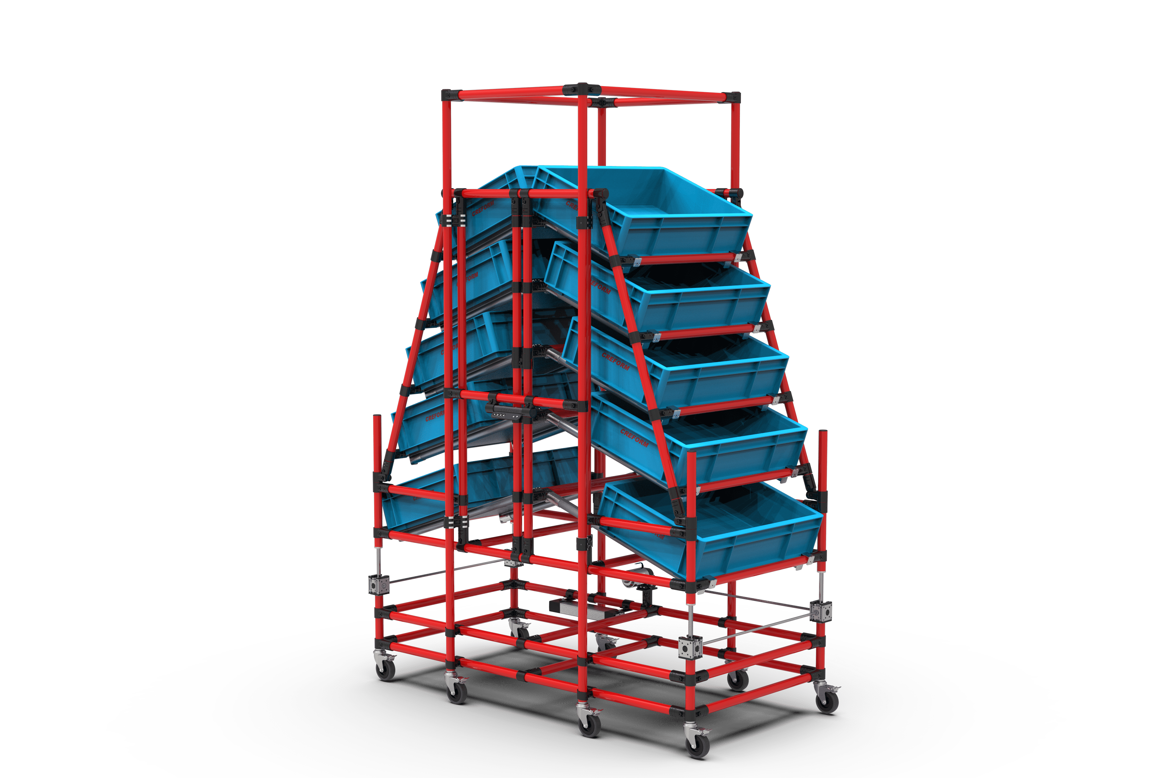 Schwarz-rotes Metallgerüst mit blauen Aufbewahrungsboxen