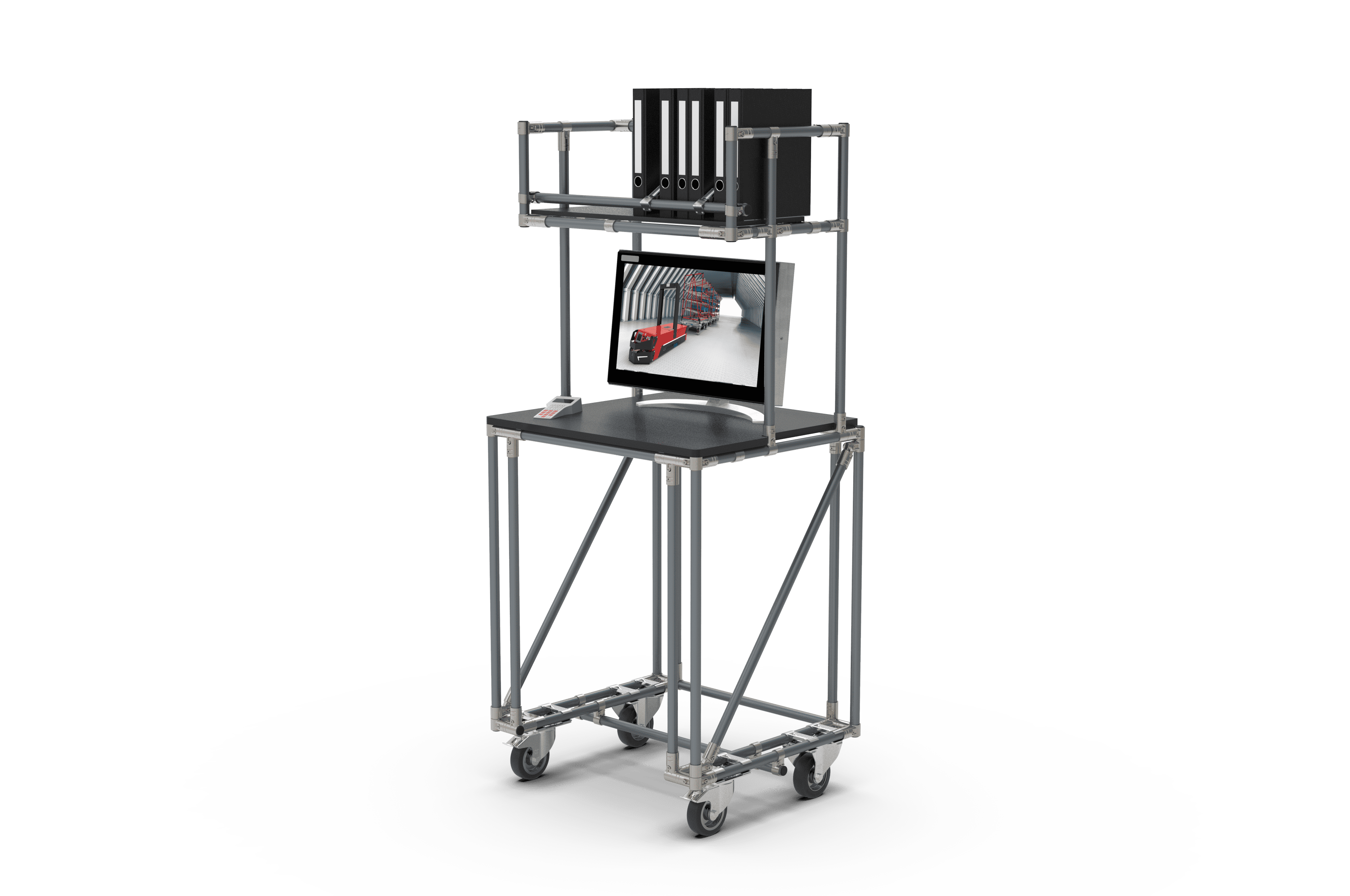 Eine ESD-Arbeitsstation mit Regal auf Rädern, darauf Ordner und ein Monitor