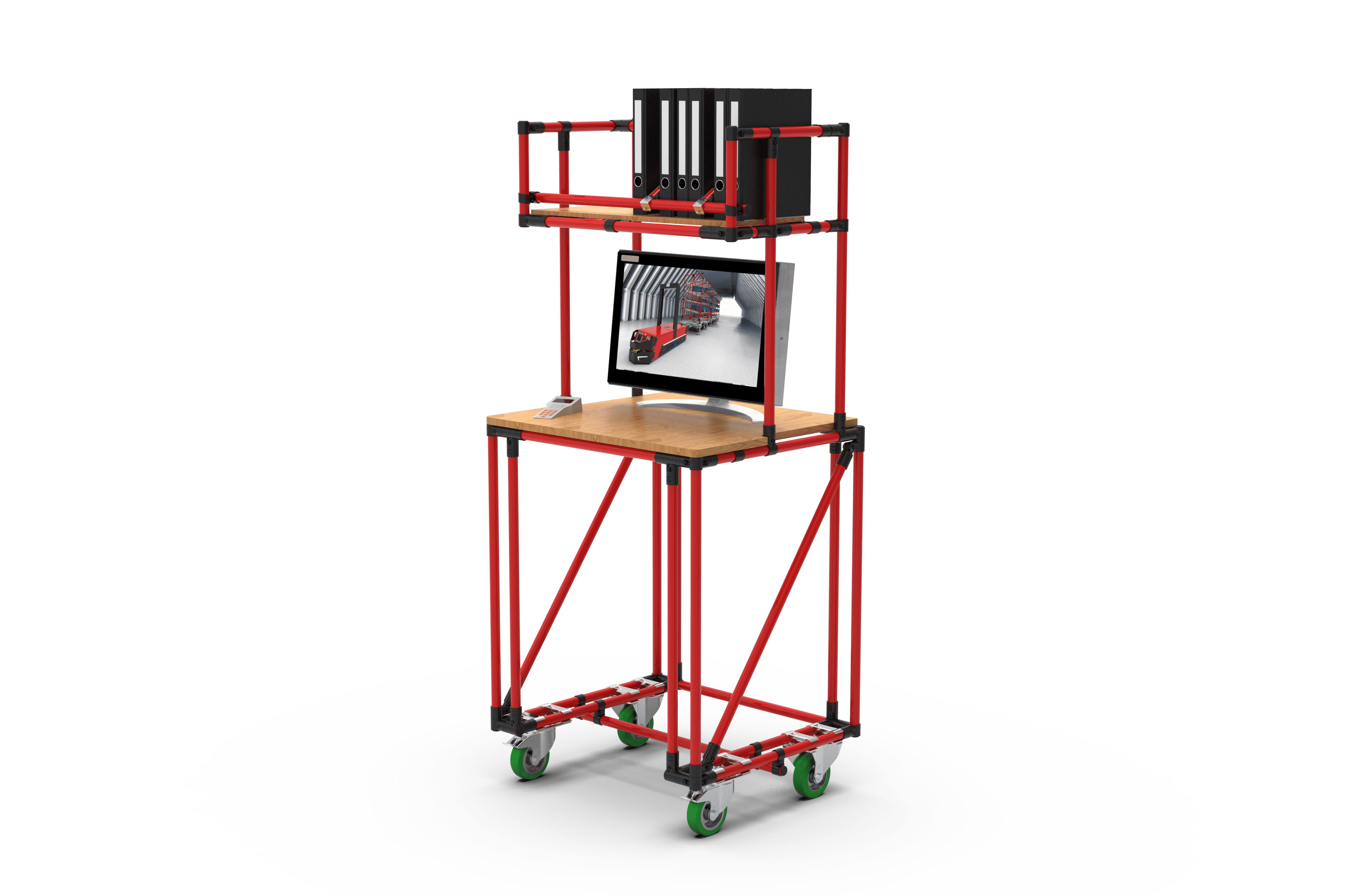 Eine rot-schwarze ESD-Arbeitsstation mit Regal auf Rädern, darauf Ordner und ein Monitor