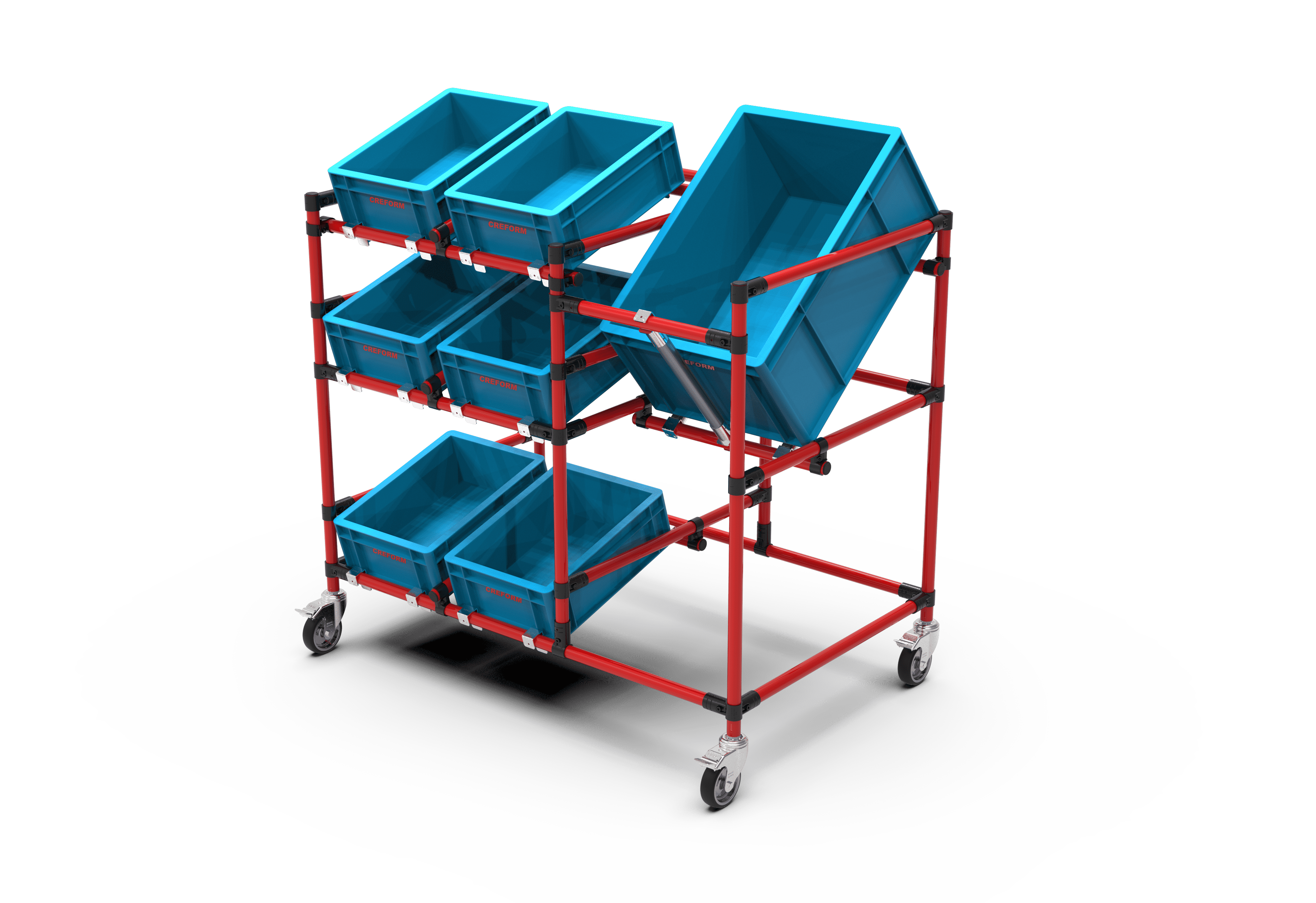 Rot-schwarzer Bereitstellungswagen mit blauen Aufbewahrungsboxen