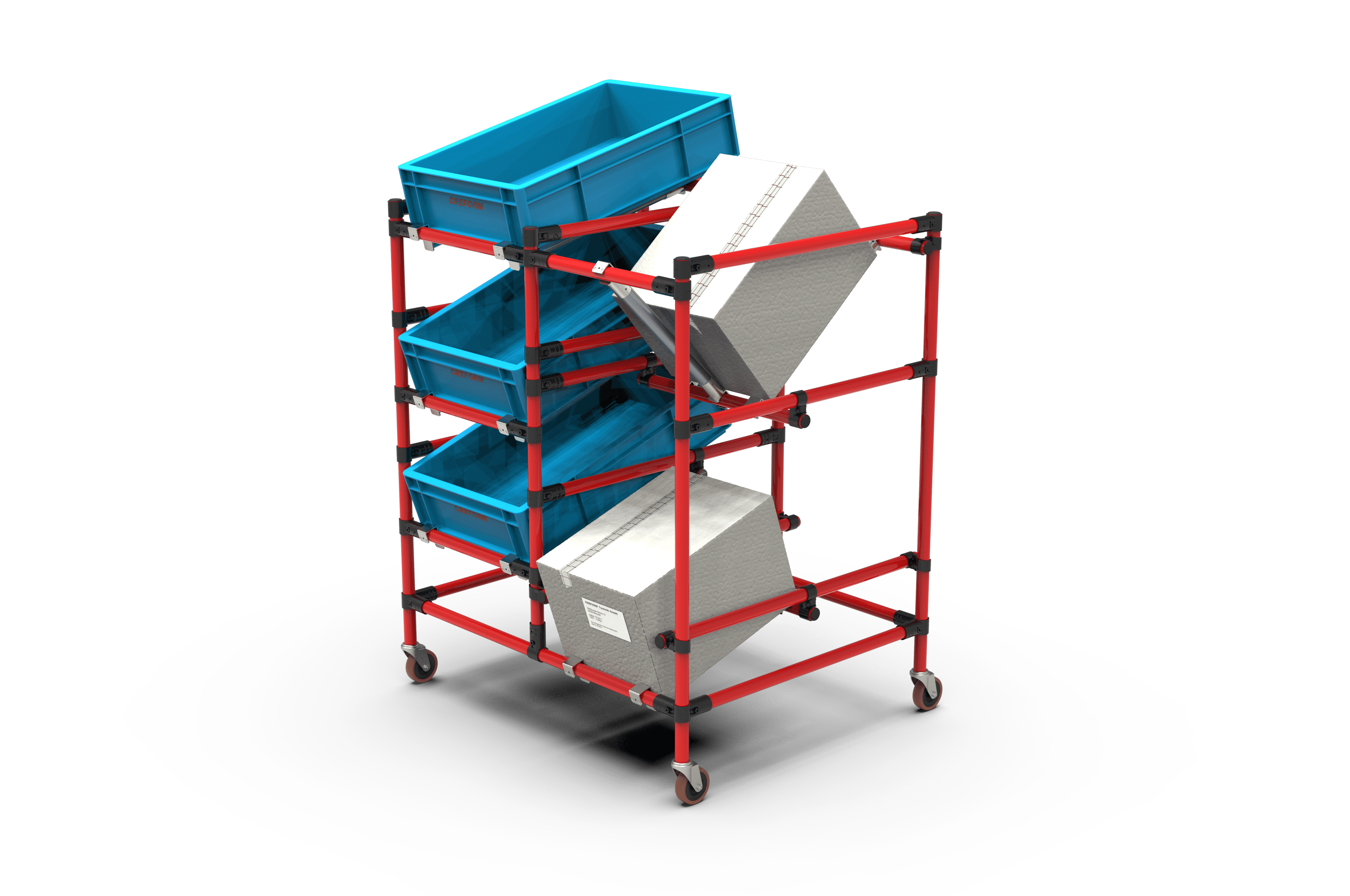 Rot-schwarzes Materialbereitstellungs-Regal mit blauen Aufbewahrungsboxen und weißen Paketen