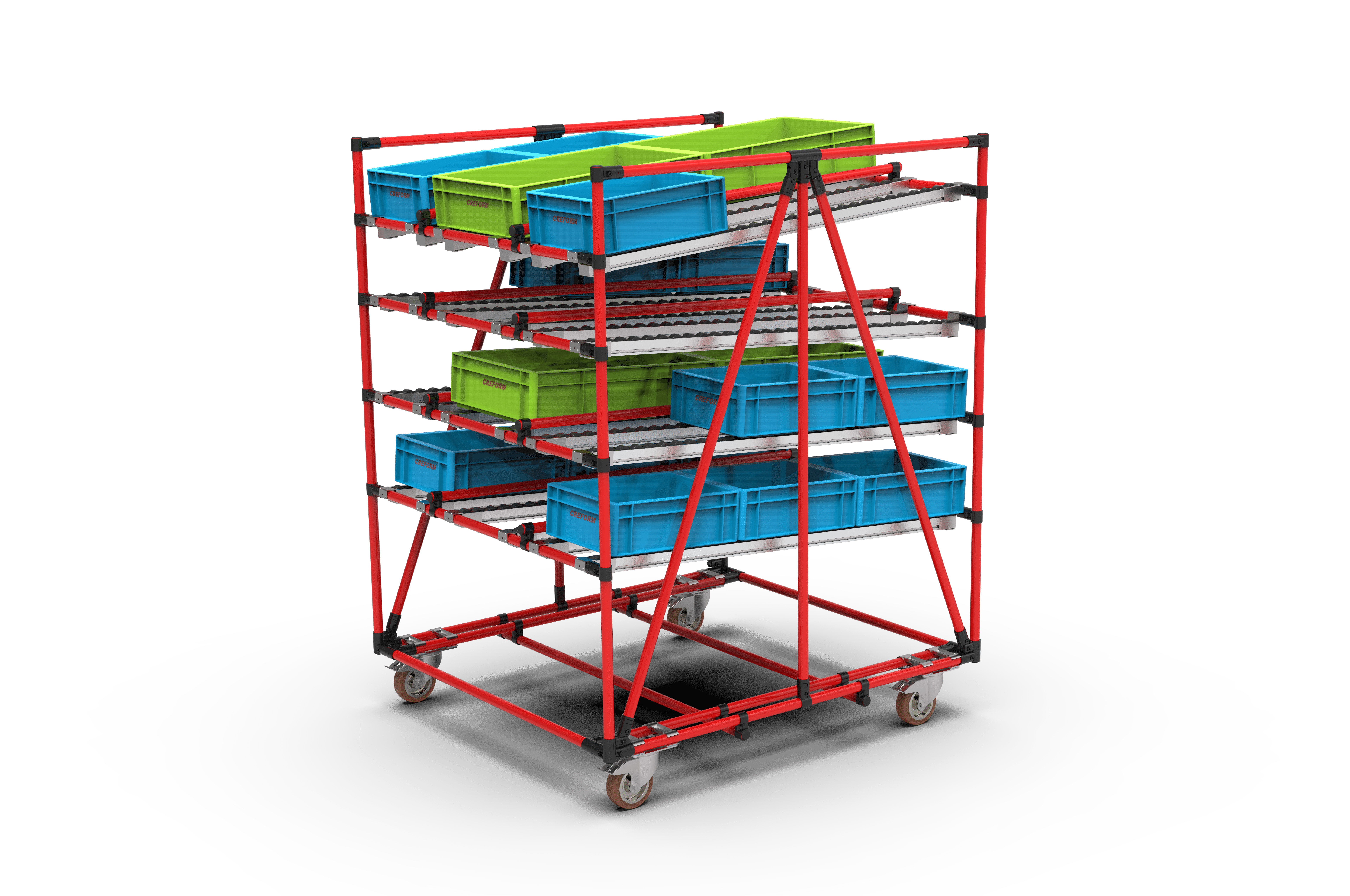 Rotes Regalgestell auf Rollen mit blauen Aufbewahrungsboxen