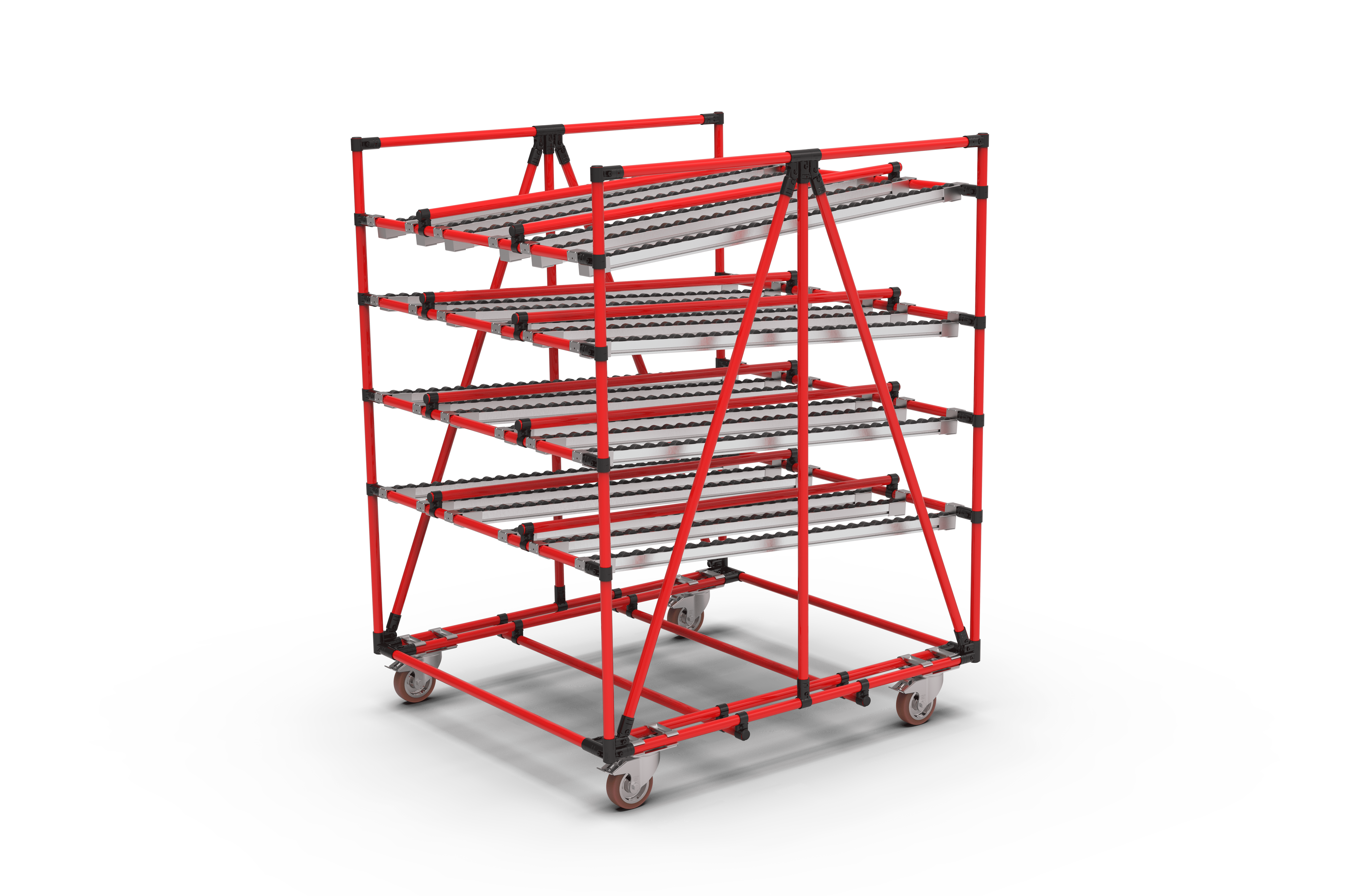 Rotes Regalgestell auf Rollen mit blauen und grünen Aufbewahrungsboxen