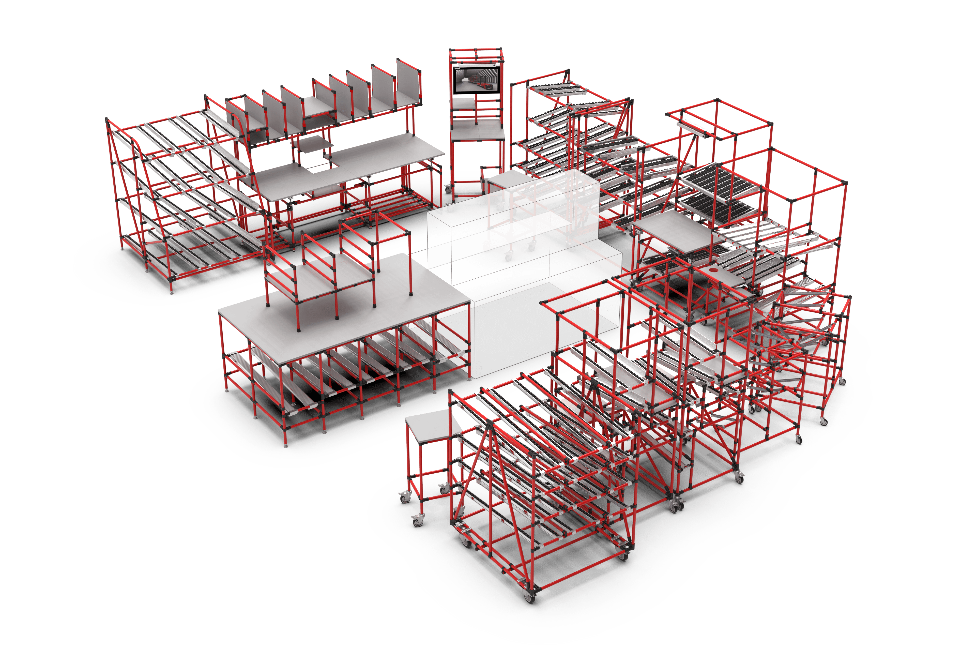 Vogelperspektive der roten Regalgestelle auf Rollen als One-Piece-Flow-Zellen