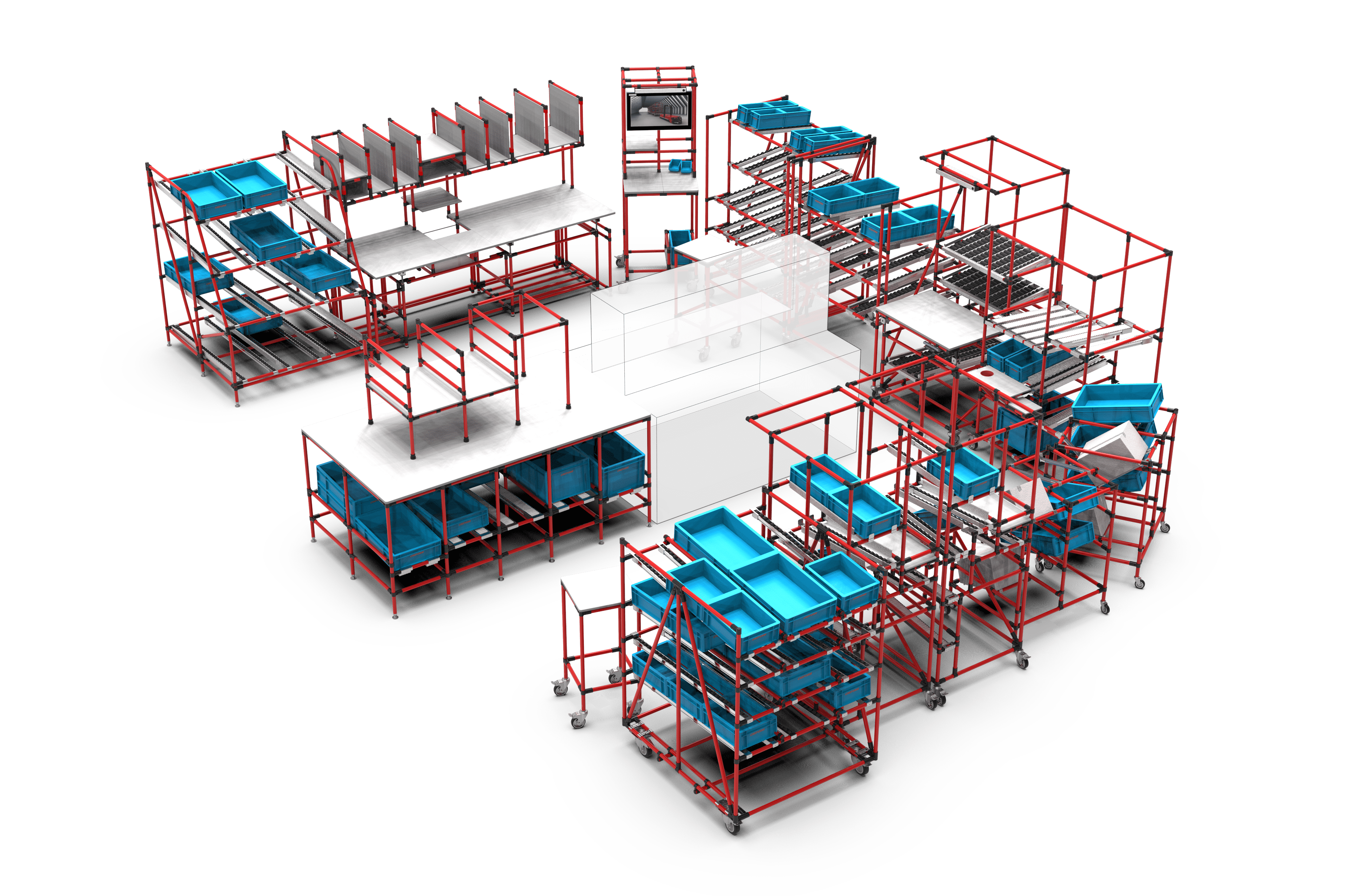 Vogelperspektive der roten Regalgestelle auf Rollen als One-Piece-Flow-Zellen mit blauen Aufbewahrungsboxen
