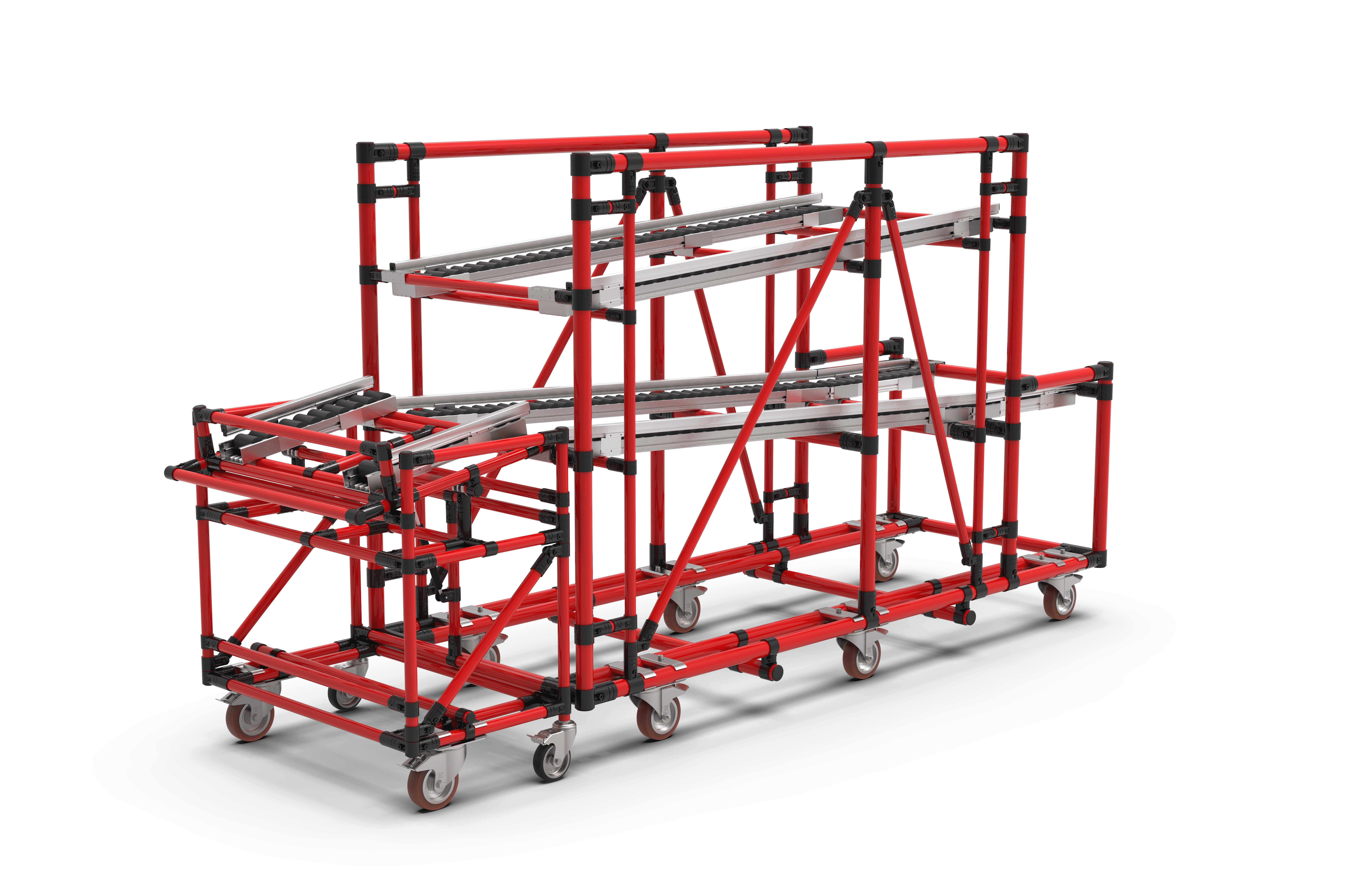 Rotes Regalgestell auf Rollen mit Rollenbahn