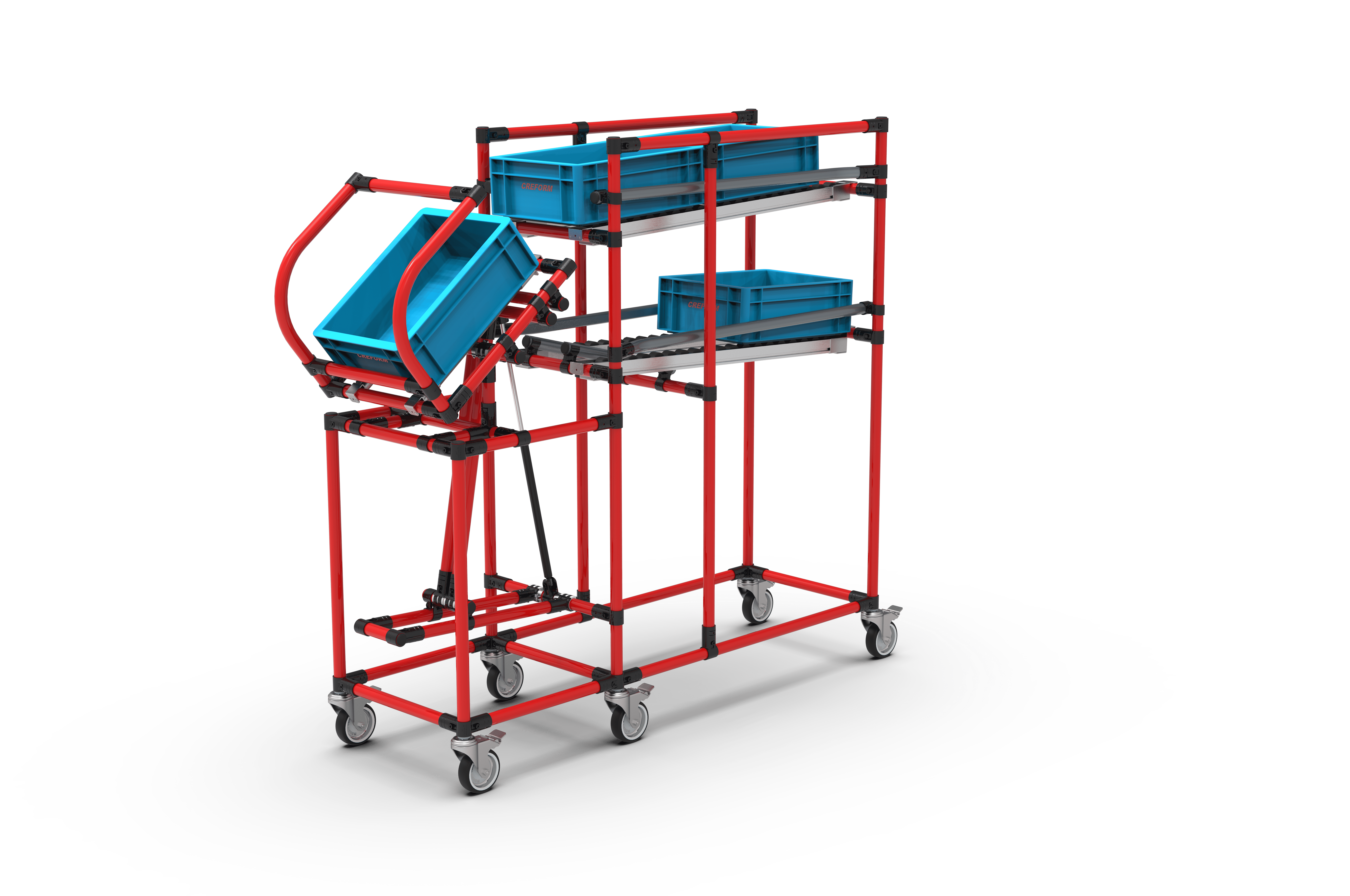 Rotes Regalgestell auf Rollen mit blauen Aufbewahrungsboxen und Rollenbahn