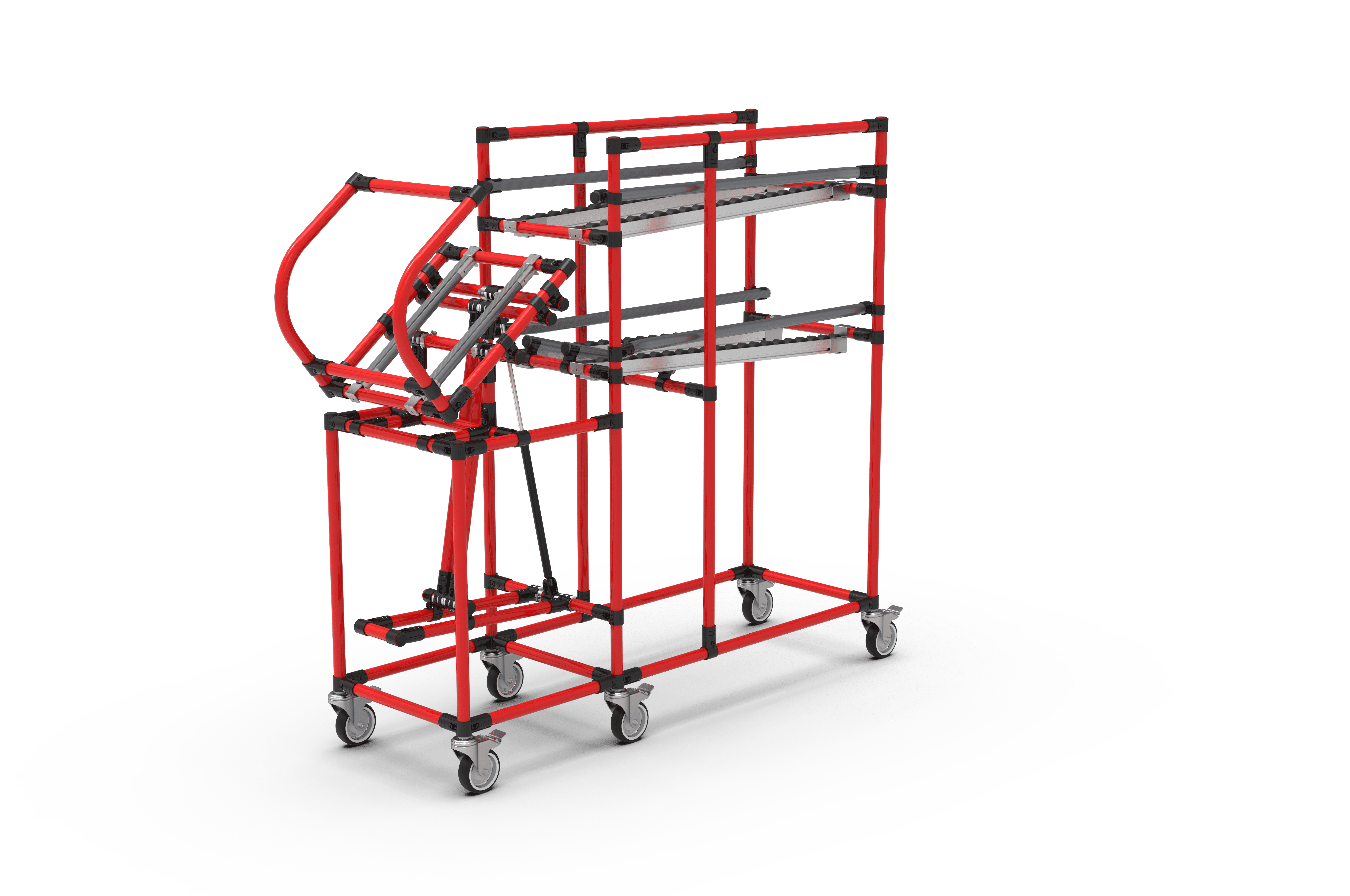 Rotes Regalgestell auf Rollen mit Rollenbahn