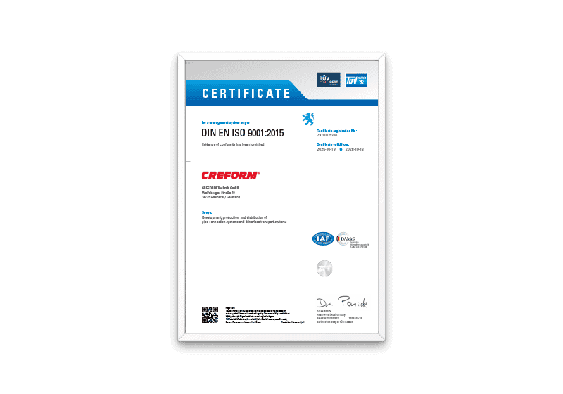 CREFORM Technik Certifikate based on DIN EN ISO 9001:2015
