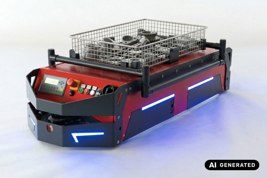 AI-generated image of an AGV transporting screws and parts